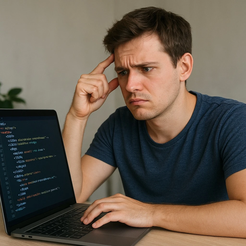 A beginner web developer looking at code on a laptop with a puzzled expression