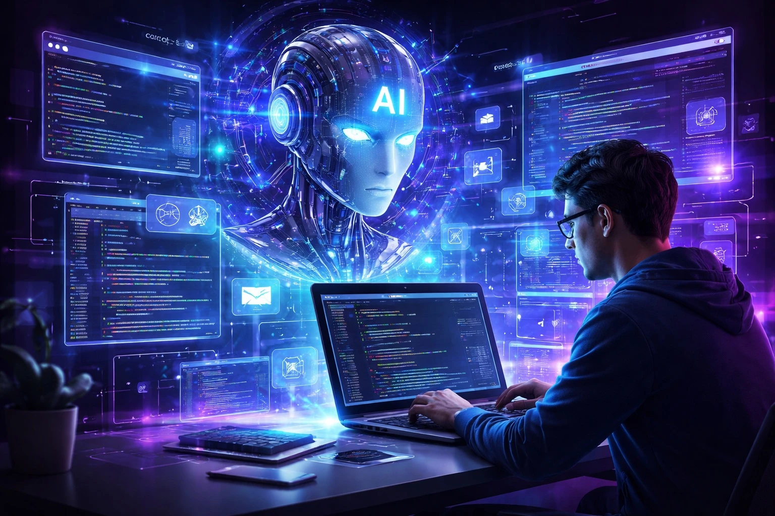Futuristic web development concept showing AI integration and modern code