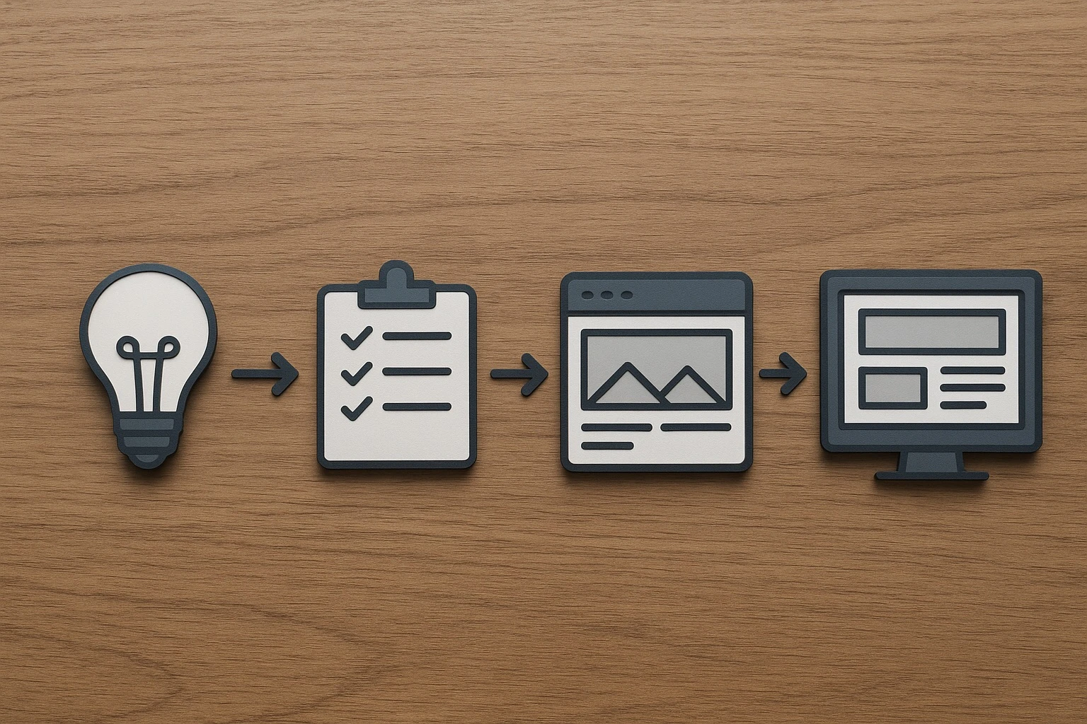 Wireframe and application flow sketches on a desk beside a laptop