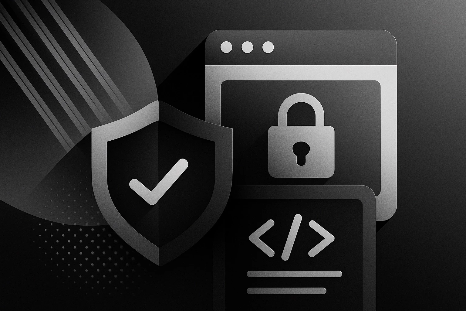 Secure web development illustration with a shield over a code editor