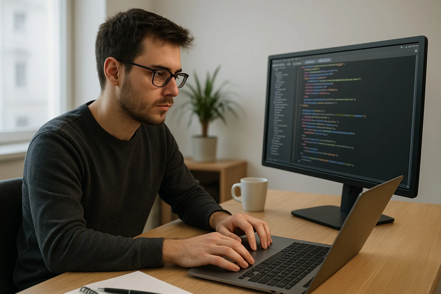 A web developer working on accessibility features on a laptop
