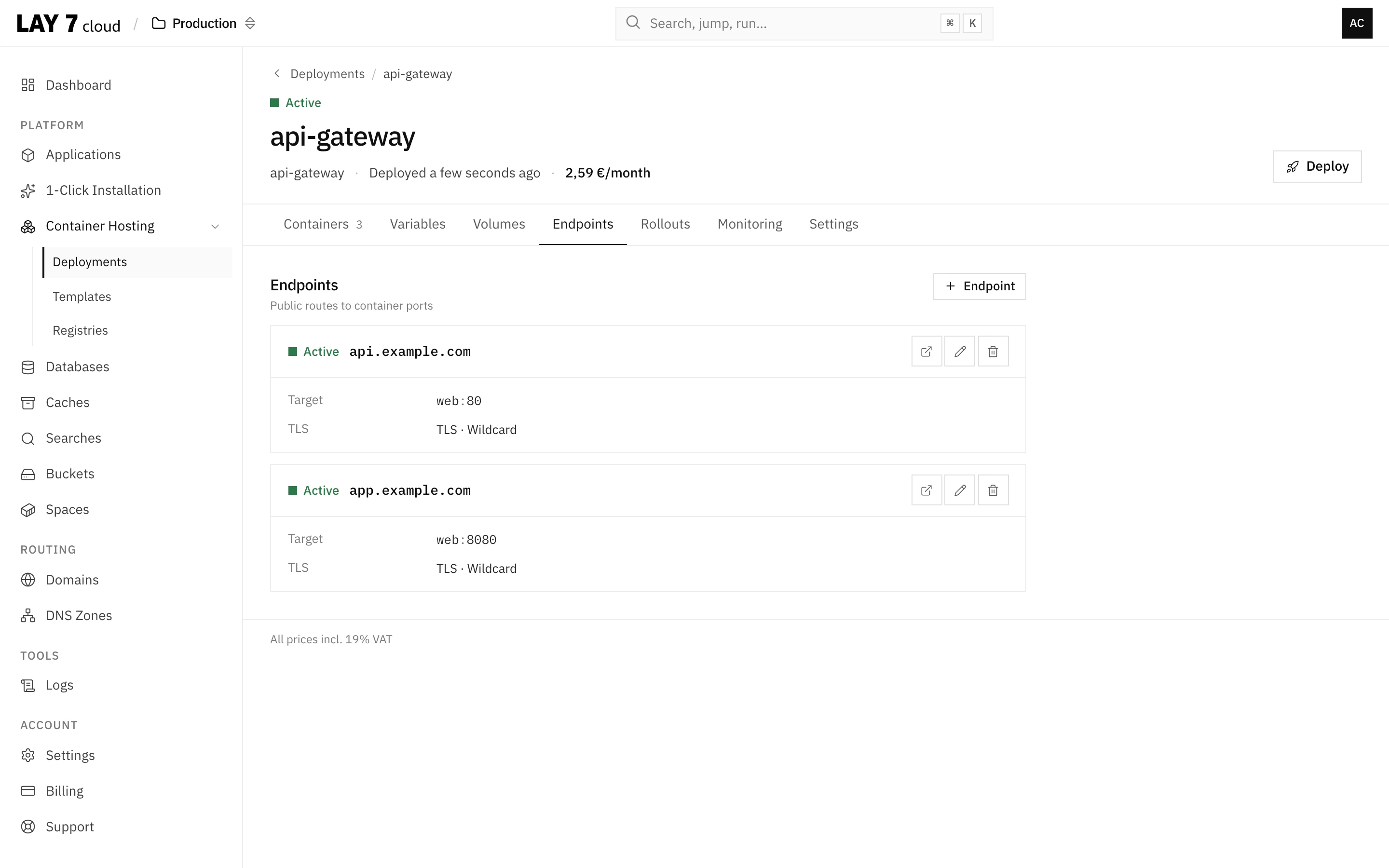 Example of a route configuration in the user interface