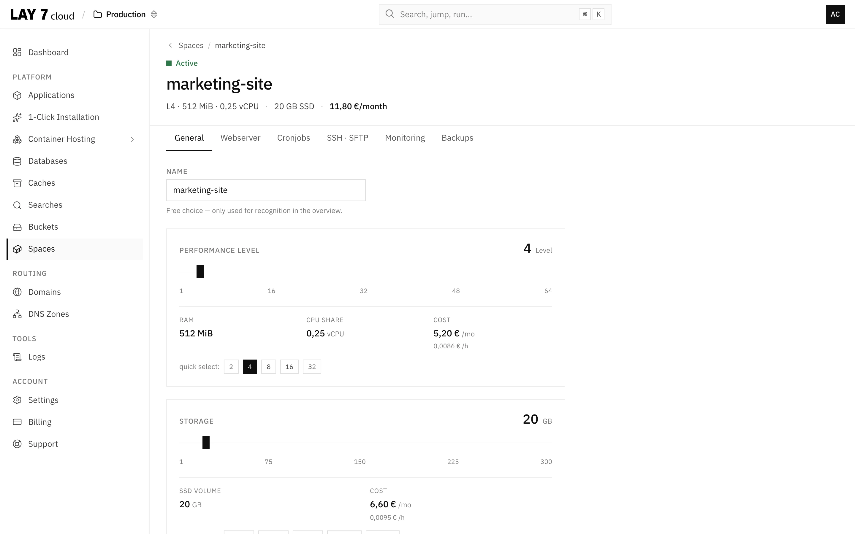 Screenshot showing scaling options for a Space